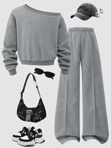 Teen Girls Fall Outfits Fall Hoodie & Sweatshirt Co-Ords, Holiday Outfits, Casual, Comfortable, Daily, Cute Autumn Winter - Grey - View 3