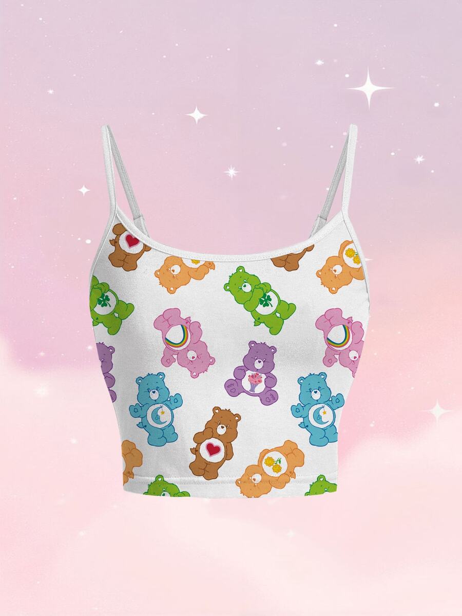 SHEIN X Care Bears 女款白色吊帶背心上衣，適合夜晚外出與日常穿著，夏季可愛 Y2K 風格 - 白色 - 查看 1