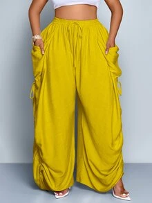 SOLERSUN Plus Size Women Solid Color Casual Loose Pocket Drawstring Pants Fall - Mustard Yellow - View 6