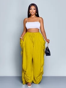 SOLERSUN Plus Size Women Solid Color Casual Loose Pocket Drawstring Pants Fall - Mustard Yellow - View 3
