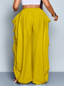 SOLERSUN Plus Size Women Solid Color Casual Loose Pocket Drawstring Pants Fall - Mustard Yellow - View 2