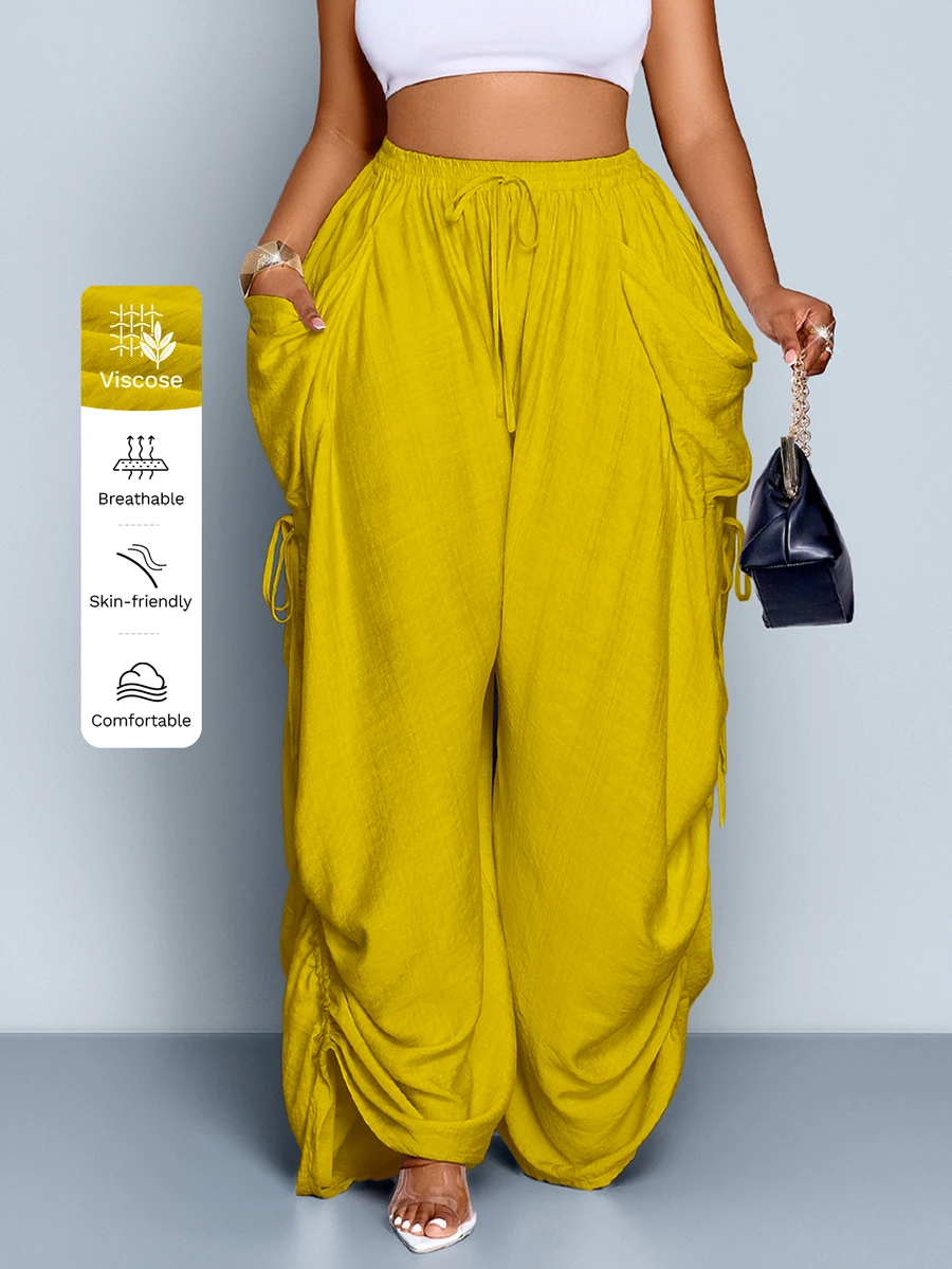 SOLERSUN Plus Size Women Solid Color Casual Loose Pocket Drawstring Pants Fall - Mustard Yellow - View 1