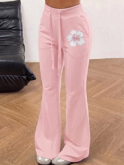 SHEIN Teen Girls Autumn/Winter Light Gray High Waist Slim Fit Knitted Floral Print Casual Versatile Streetwear Sports Long Pants