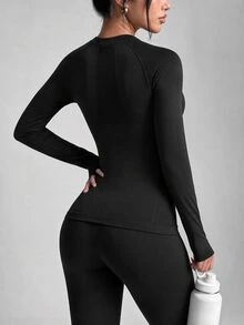 SHEIN Unity Women's Solid Color Casual Versatile Daily Wear Long Sleeve T-Shirt - Black - View 2