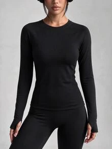 SHEIN Unity Women's Solid Color Casual Versatile Daily Wear Long Sleeve T-Shirt - Black - View 3