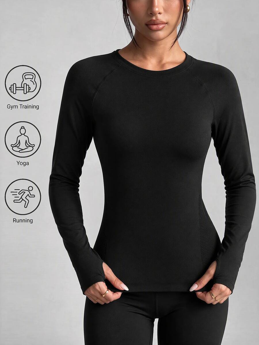 SHEIN Unity Women's Solid Color Casual Versatile Daily Wear Long Sleeve T-Shirt - Black - View 1
