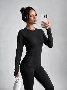 SHEIN Unity Women's Solid Color Casual Versatile Daily Wear Long Sleeve T-Shirt - Black - View 5