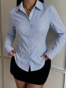 SHEIN EZwear 女款休閒收腰長袖鈕扣襯衫，適合秋冬，條紋襯衫，女款通勤襯衫 - 藍白色 - 查看 6