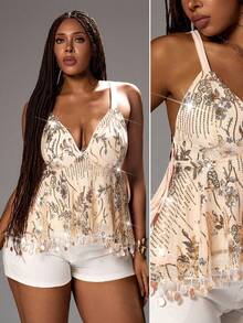 Rustia Women's Plus Size Elegant Shiny Sequin Embroidered Stretch Fabric V-Neck Tank Top, Romantic For Date And Party - Apricot - View 3