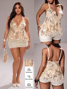 Rustia Women's Plus Size Elegant Shiny Sequin Embroidered Stretch Fabric V-Neck Tank Top, Romantic For Date And Party - Apricot - View 1