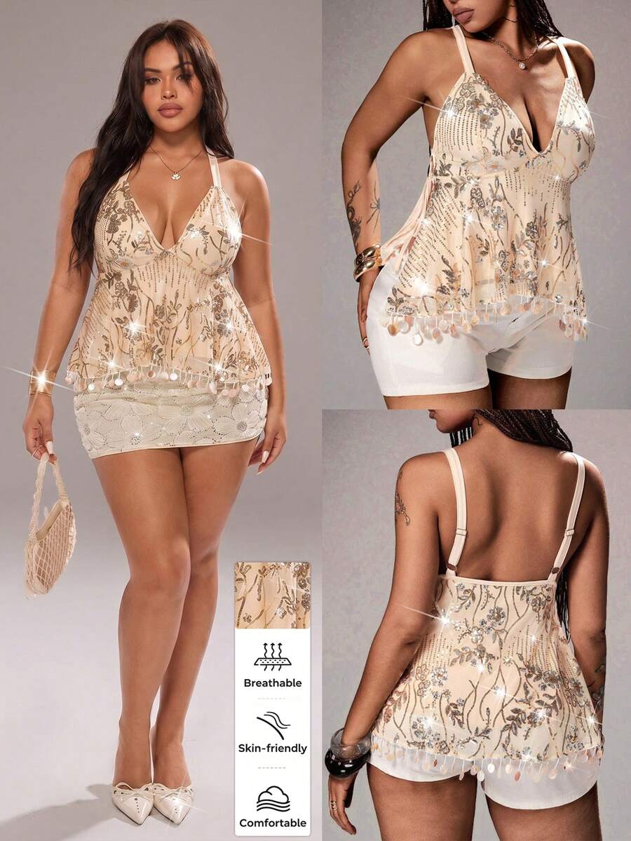 Rustia Women's Plus Size Elegant Shiny Sequin Embroidered Stretch Fabric V-Neck Tank Top, Romantic For Date And Party - Apricot - View 1