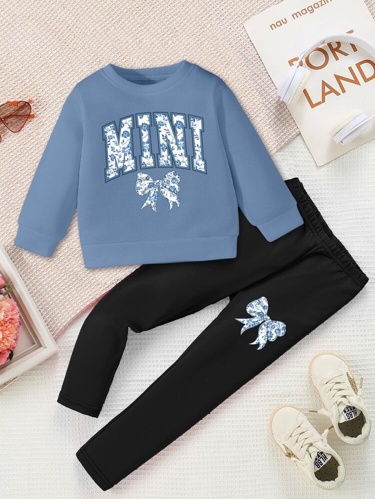 SHEIN Baby Girl Autumn Casual Cute Parent-Child Outfit Two-Piece Set Creative Bow Flower Pattern Letter Slogan Hoodie Leggings Toddler Girl Clothe - Multicolor - View 4