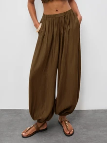 Maija Women's Casual Solid Color Pleated Elastic Waist Ankle Length Pants,Going Out Outfits - Brown - View 9