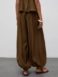 Maija Women's Casual Solid Color Pleated Elastic Waist Ankle Length Pants,Going Out Outfits - Brown - View 4