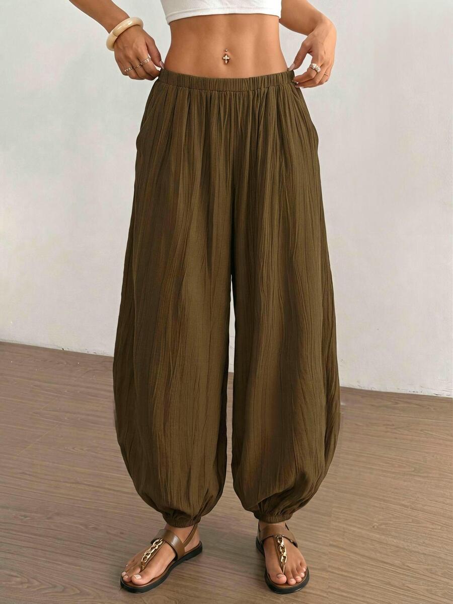 Maija Women's Casual Solid Color Pleated Elastic Waist Ankle Length Pants,Going Out Outfits