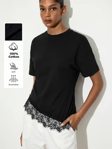 Maija 女款蕾絲拼接休閒優雅日常早午餐夏季T恤黑色 - 黑色 - 查看 2