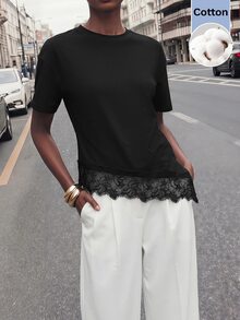 Maija 女款蕾絲拼接休閒優雅日常早午餐夏季T恤黑色 - 黑色 - 查看 7