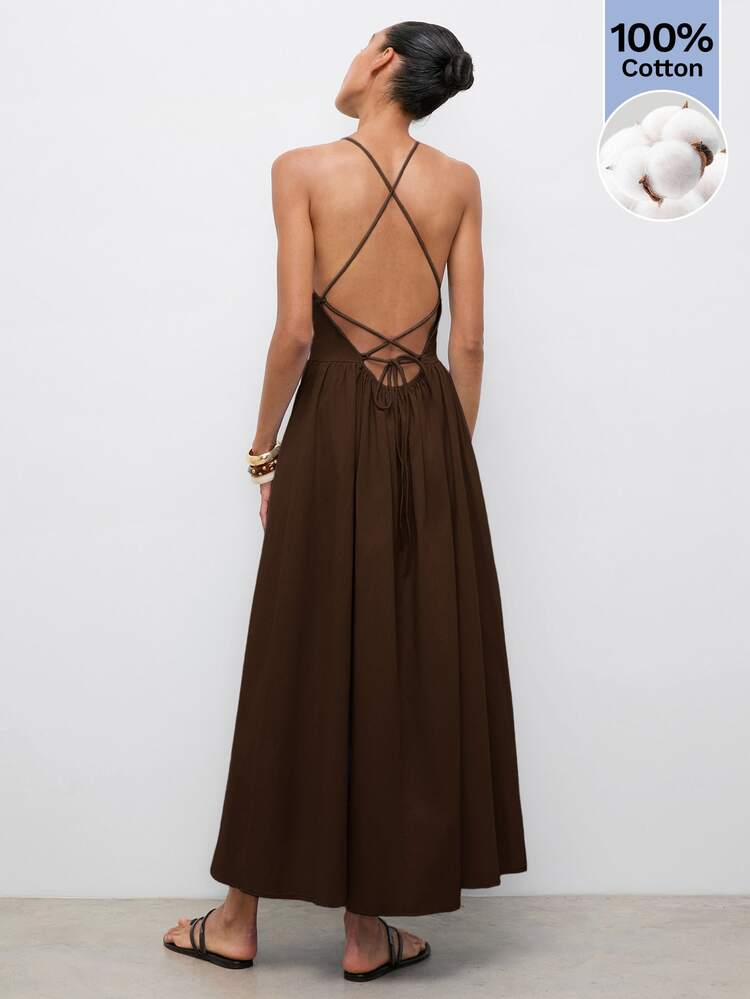 Maija Women's Solid Color Backless Criss-Cross Design Elegant Spaghetti Strap Midi Dress - Brown - View 7
