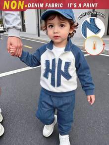 男嬰 2 件套時尚休閒幾何牛仔效果印花小立領拉鍊保暖內裡運動上衣與牛仔效果印花運動長褲，柔軟套裝，適合外出，秋冬款 - 彩色 - 查看 1