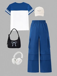 SHEIN Sparklyn Tween Girls 2pcs/Set Short Sleeve Casual T-Shirt & Cargo Pants Set,Aqua Blue,Summer,Cow Boy,School,Back-To-School,Bow Embroidery Pattern Round - Blue - View 2