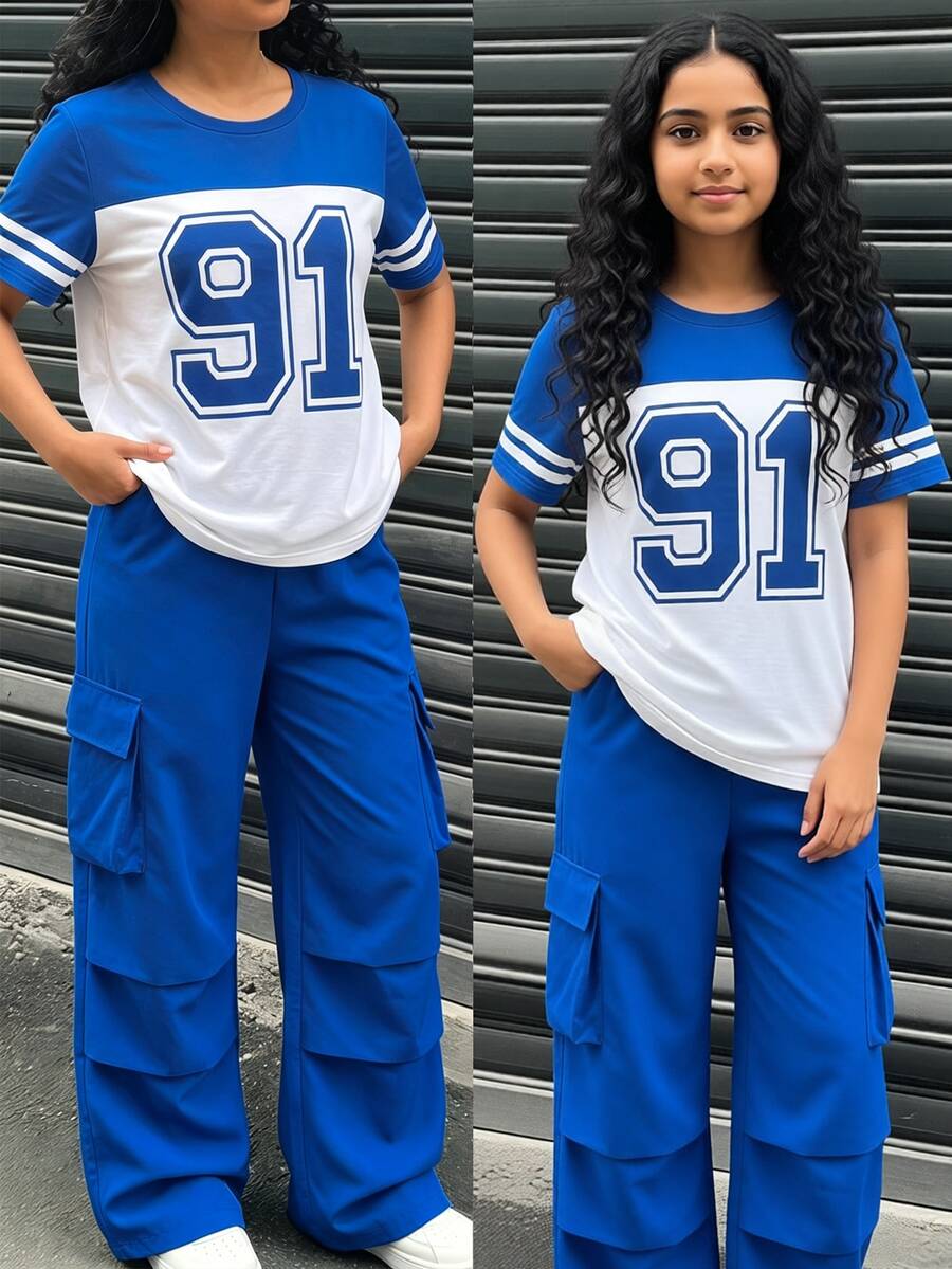 SHEIN Sparklyn Tween Girls 2pcs/Set Short Sleeve Casual T-Shirt & Cargo Pants Set,Aqua Blue,Summer,Cow Boy,School,Back-To-School,Bow Embroidery Pattern Round - Blue - View 1