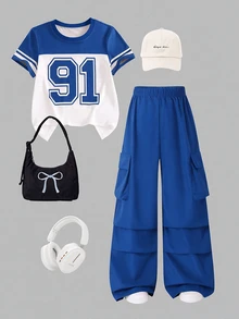 SHEIN Sparklyn Tween Girls 2pcs/Set Short Sleeve Casual T-Shirt & Cargo Pants Set,Aqua Blue,Summer,Cow Boy,School,Back-To-School,Bow Embroidery Pattern Round - Blue - View 3