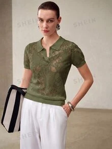 MOTF PREMIUM WOMEN'S SIMPLE SOLID COLOR POLO COLLAR SHORT SLEEVE KNIT TOP, SUMMER - Olive Green - View 4
