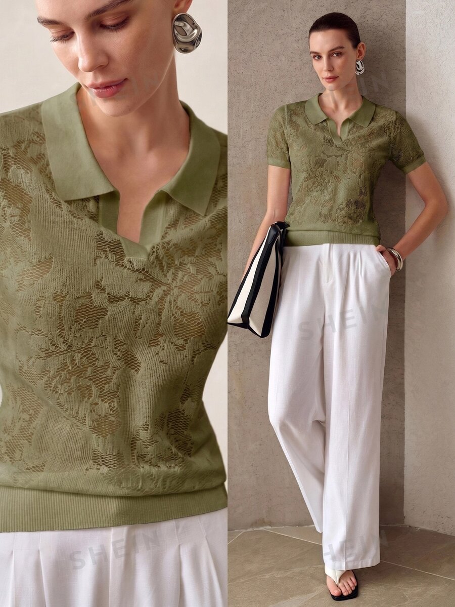MOTF PREMIUM WOMEN'S SIMPLE SOLID COLOR POLO COLLAR SHORT SLEEVE KNIT TOP, SUMMER - Olive Green - View 1
