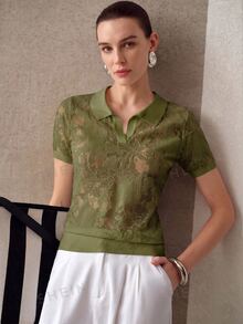 MOTF PREMIUM WOMEN'S SIMPLE SOLID COLOR POLO COLLAR SHORT SLEEVE KNIT TOP, SUMMER - Olive Green - View 5