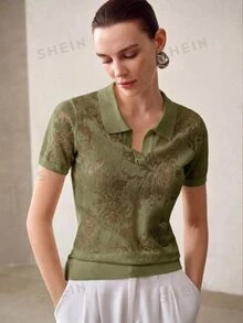 MOTF PREMIUM WOMEN'S SIMPLE SOLID COLOR POLO COLLAR SHORT SLEEVE KNIT TOP, SUMMER - Olive Green - View 3