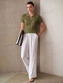 MOTF PREMIUM WOMEN'S SIMPLE SOLID COLOR POLO COLLAR SHORT SLEEVE KNIT TOP, SUMMER - Olive Green - View 6