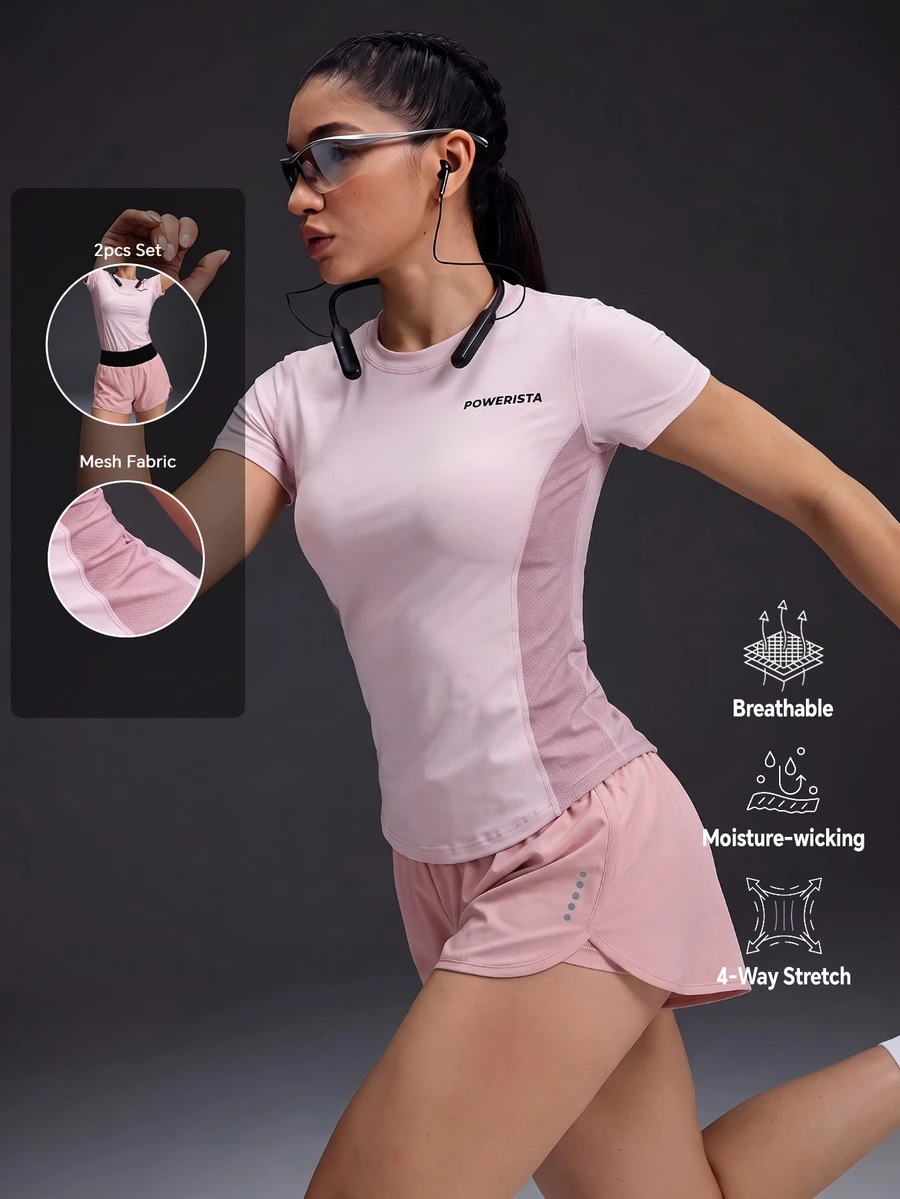 Powerista Set Kaos Olahraga Wanita Warna Pink dengan Motif Jala dan Celana Pendek Olahraga 2 in 1 Warna Hitam & Pink