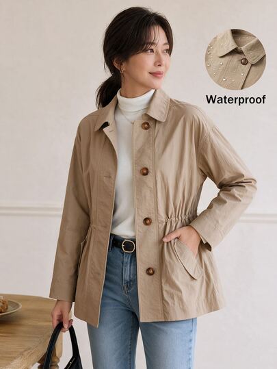 Yumoku Colorblock Cinched Waist Adjustable Loose Comfortable Slimming Casual Short Trench Coat Jacket Road Trip Everyday Khaki Autumn Road Trip Everyday