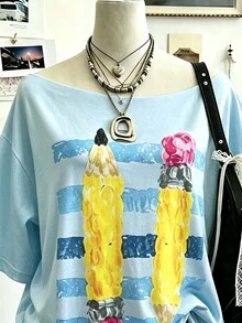 Lalippa 女款大尺碼返校教師襯衫復古鉛筆圖案T恤教師禮物教育工作者服飾寬肩T恤不對稱領口上衣 - 彩色 - 查看 3