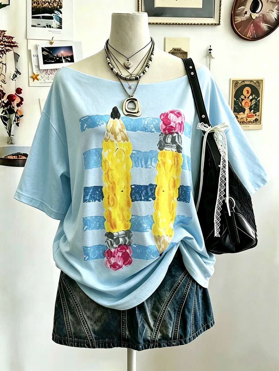 Lalippa 女款大尺碼返校教師襯衫復古鉛筆圖案T恤教師禮物教育工作者服飾寬肩T恤不對稱領口上衣 - 彩色 - 查看 1