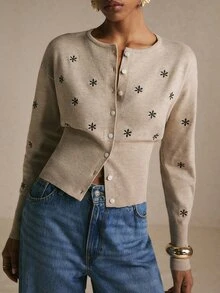 Poéselle 女款秋季休閒花卉刺繡開襟衫 - 卡其色 - 查看 5