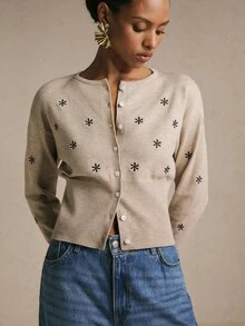 Poéselle 女款秋季休閒花卉刺繡開襟衫 - 卡其色 - 查看 3