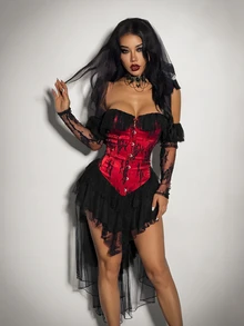 SHEIN ICON Women's Halloween Gothic Corset Vampire Lace Sexy Lace Ruffle Red Black Fitted Front Button Off-Shoulder High Low Dress With Tulle Veil - Red and Black - View 11