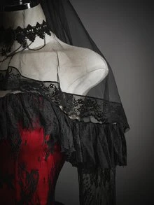 SHEIN ICON Women's Halloween Gothic Corset Vampire Lace Sexy Lace Ruffle Red Black Fitted Front Button Off-Shoulder High Low Dress With Tulle Veil - Red and Black - View 4