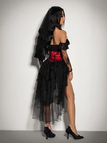 SHEIN ICON Women's Halloween Gothic Corset Vampire Lace Sexy Lace Ruffle Red Black Fitted Front Button Off-Shoulder High Low Dress With Tulle Veil - Red and Black - View 9