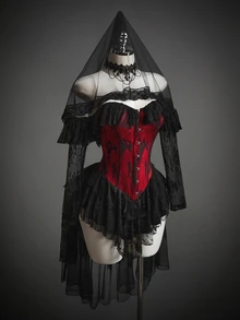SHEIN ICON Women's Halloween Gothic Corset Vampire Lace Sexy Lace Ruffle Red Black Fitted Front Button Off-Shoulder High Low Dress With Tulle Veil - Red and Black - View 3