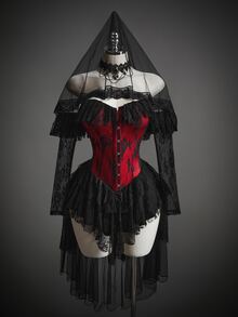 SHEIN ICON Women's Halloween Gothic Corset Vampire Lace Sexy Lace Ruffle Red Black Fitted Front Button Off-Shoulder High Low Dress With Tulle Veil - Red and Black - View 1
