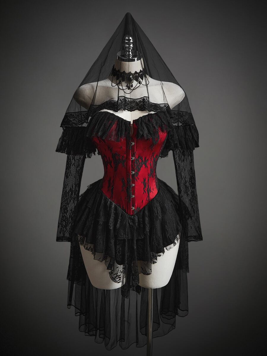 SHEIN ICON Women's Halloween Gothic Corset Vampire Lace Sexy Lace Ruffle Red Black Fitted Front Button Off-Shoulder High Low Dress With Tulle Veil - Red and Black - View 1