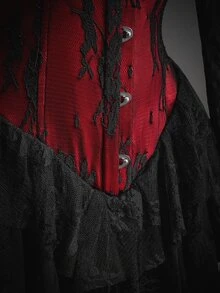 SHEIN ICON Women's Halloween Gothic Corset Vampire Lace Sexy Lace Ruffle Red Black Fitted Front Button Off-Shoulder High Low Dress With Tulle Veil - Red and Black - View 7