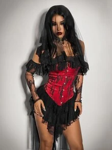 SHEIN ICON Women's Halloween Gothic Corset Vampire Lace Sexy Lace Ruffle Red Black Fitted Front Button Off-Shoulder High Low Dress With Tulle Veil - Red and Black - View 13