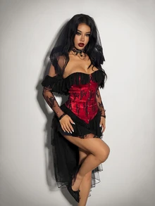 SHEIN ICON Women's Halloween Gothic Corset Vampire Lace Sexy Lace Ruffle Red Black Fitted Front Button Off-Shoulder High Low Dress With Tulle Veil - Red and Black - View 12