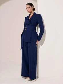 Graceveil 女款純色海軍藍長袖金屬環扣腰帶設計收腰優雅休閒兩件式西裝外套寬腿褲套裝，適合秋季辦公商務 - 藏蓝色 - 查看 4