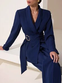 Graceveil 女款純色海軍藍長袖金屬環扣腰帶設計收腰優雅休閒兩件式西裝外套寬腿褲套裝，適合秋季辦公商務 - 藏蓝色 - 查看 5