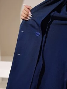 Graceveil 女款純色海軍藍長袖金屬環扣腰帶設計收腰優雅休閒兩件式西裝外套寬腿褲套裝，適合秋季辦公商務 - 藏蓝色 - 查看 9