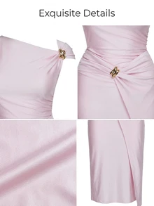 Brilight Gaun Elegan dengan Bahu Terbuka, Gaun Pensil dengan Hiasan Logam dan Detail Kerut, Gaun Koktail, Gaun Formal untuk Acara Kerja, Gaun Pernikahan, Warna Merah Muda Pucat, Musim Panas - Baby Pink - View 7